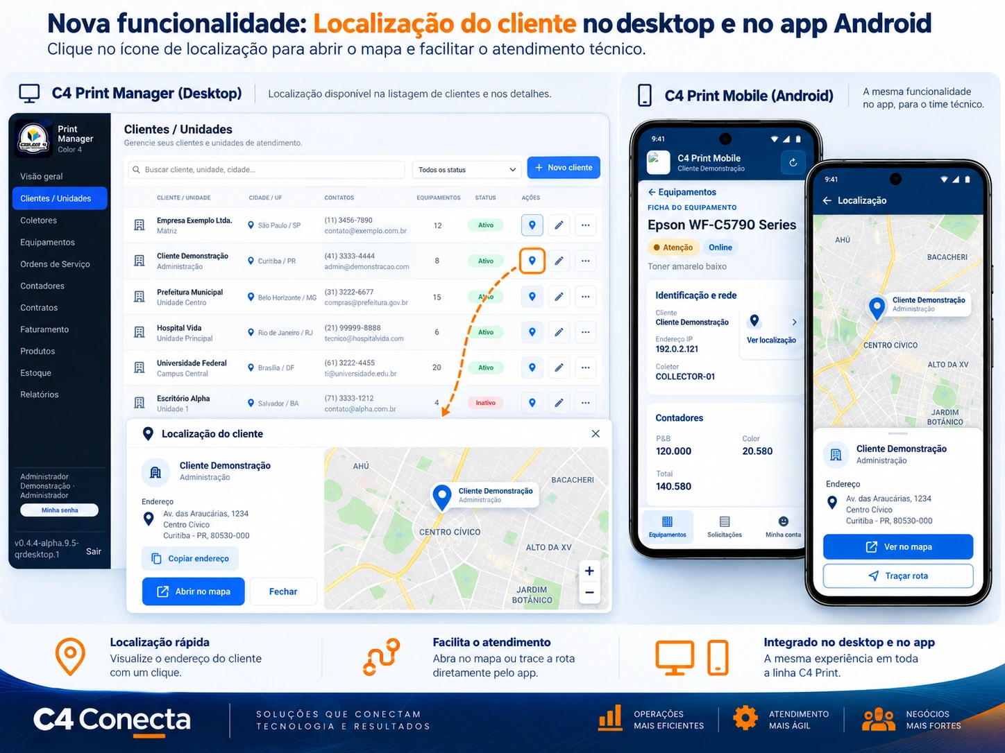Tela real do C4 Print com funcionalidade de localização do cliente