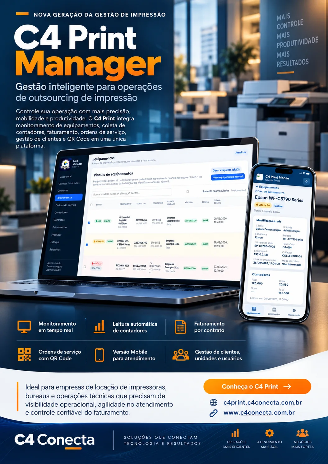 Imagem promocional do C4 Print Manager com notebook e aplicativo mobile